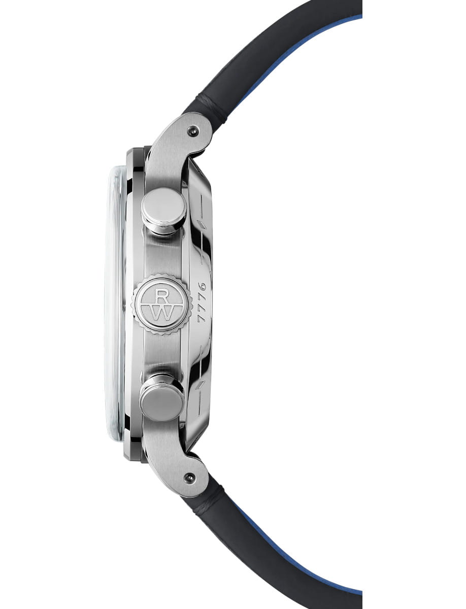 Side view of a Raymond Weil Genève stainless steel wristwatch with a blue strap, showing the crown and pushers on the case.
