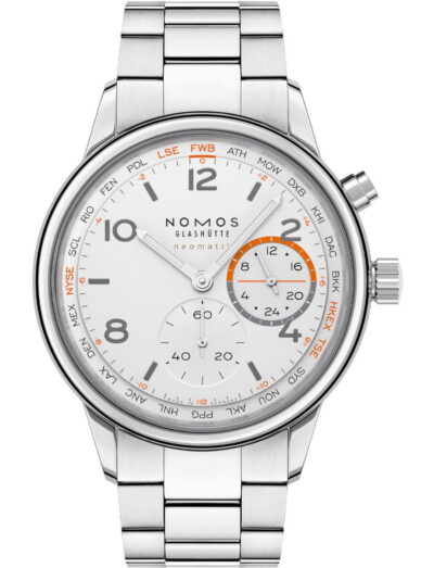 Nomos Glashütte Neomatik stainless steel wristwatch with white dial, silver hands, orange accents, two subdials and a metal bracelet.