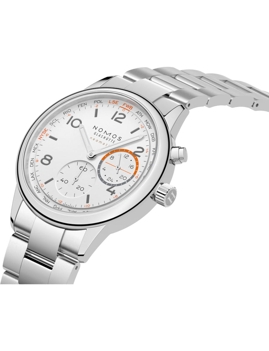 Silver stainless steel wristwatch with a white dial and multiple subdials, angled to show the bracelet.