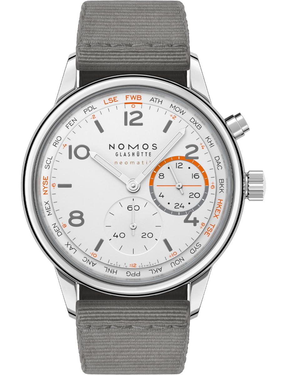 Men's wristwatch with white dial, gray fabric strap, world time cities around the edge and orange-accented subdial details.