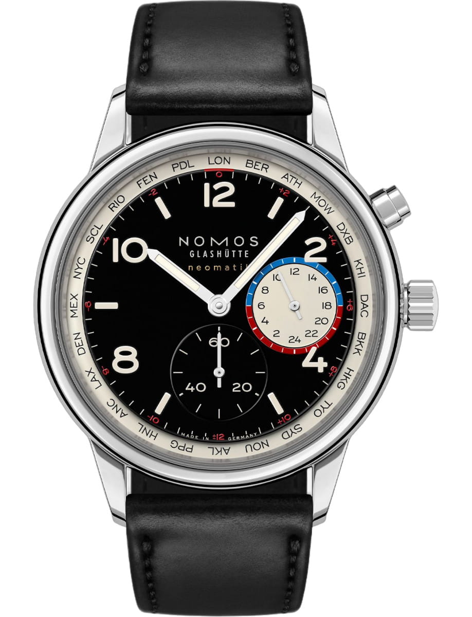 Nomos Glashütte Neomatik wristwatch with black dial, white numerals, and a world-time bezel on a black Horween Genuine Shell Cordovan strap