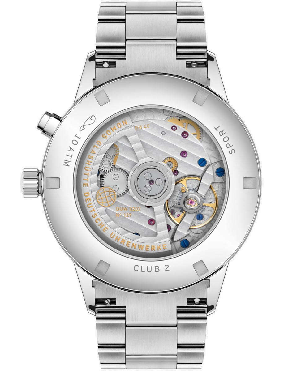 Stainless steel wristwatch with a transparent case back showing inner gears and movement, CLUB 2 engraved around the edge.