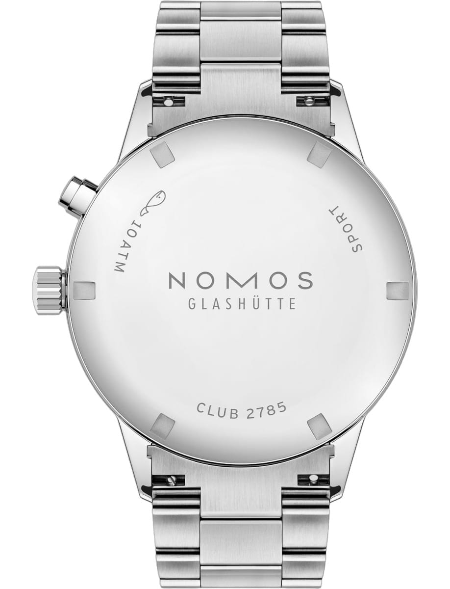 Back of a stainless steel NOMOS Glashütte Club 2785 sports wristwatch with a stainless steel bracelet.