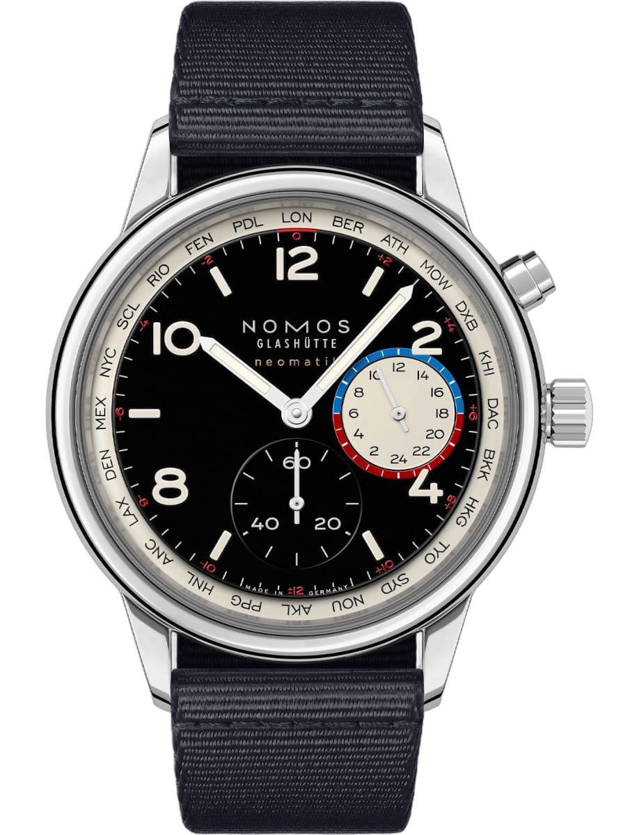 Nomos Glashütte wristwatch with black dial, white numerals, blue-red subdial, and a textile black-blue strap; world time bezel surrounding the face.
