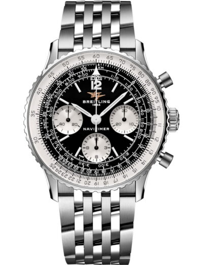 Breitling Navitimer wristwatch with stainless steel case and bracelet, and black panda dial.