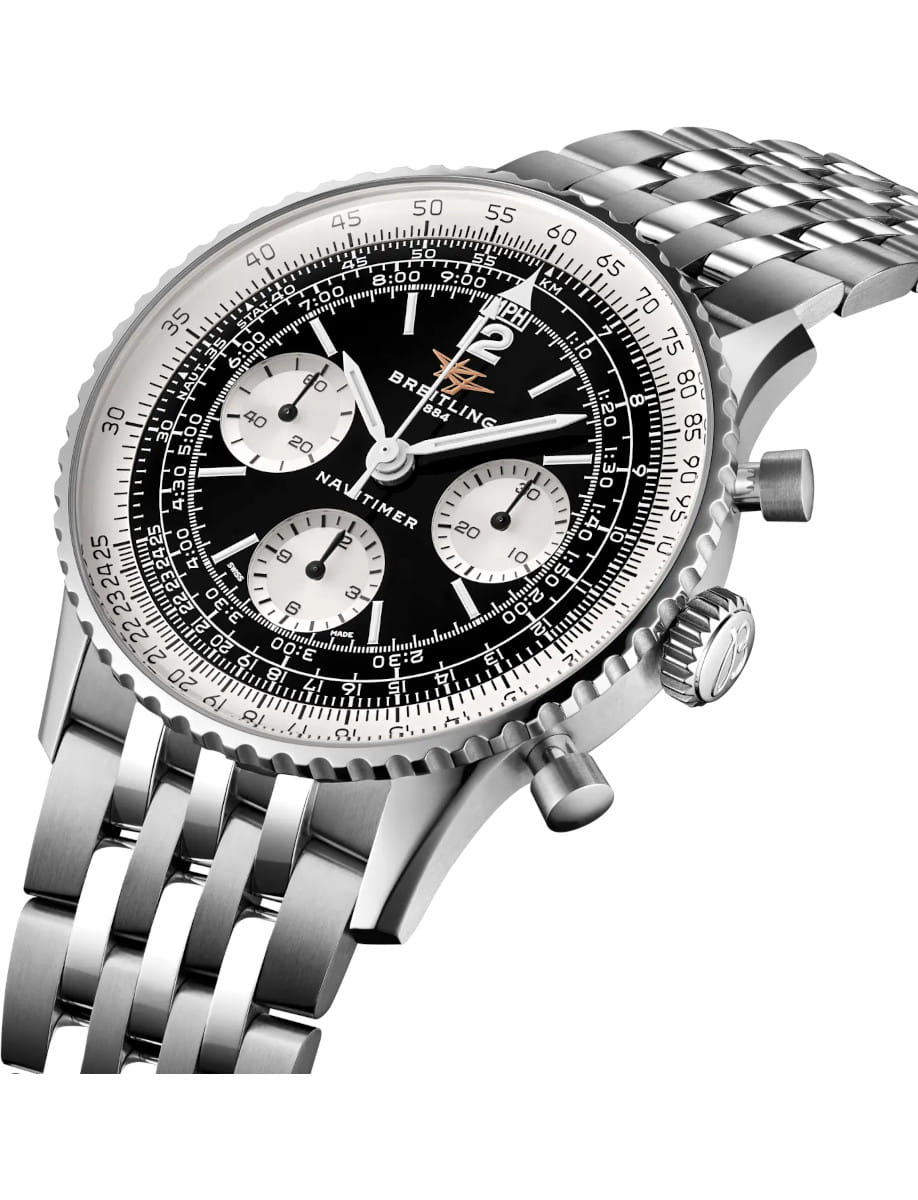 Side view of Breitling Navitimer wristwatch with stainless steel case and bracelet, and black panda dial.