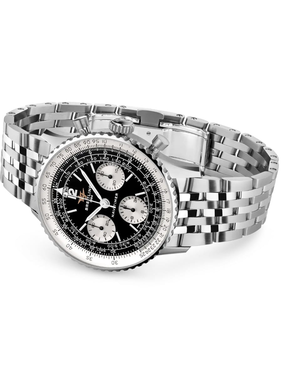 Side view of Breitling Navitimer wristwatch with stainless steel case and bracelet, and black panda dial.
