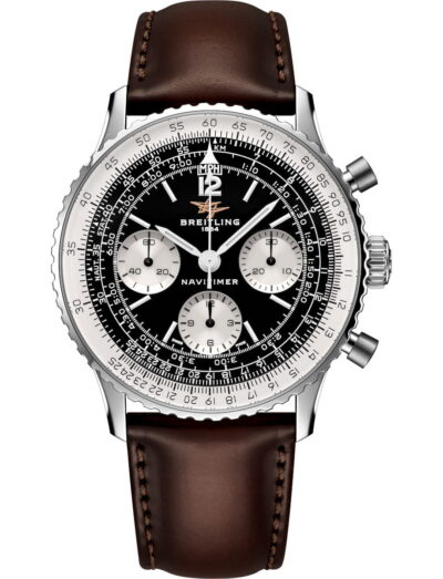 Breitling Navitimer wristwatch with stainless steel case, gold Santoni calfskin leather strap, and black panda dial.