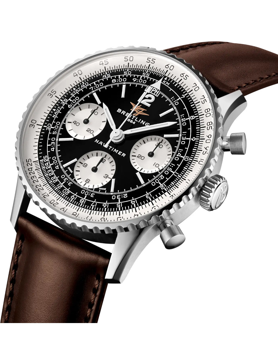 Side view of Breitling Navitimer wristwatch with stainless steel case, gold Santoni calfskin leather strap, and black panda dial.