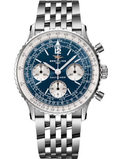 Breitling Navitimer wristwatch with stainless steel case and bracelet, and blue panda dial.