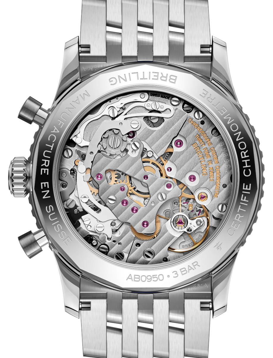 Back view of Breitling Navitimer wristwatch with stainless steel case and bracelet, and transparent case back.