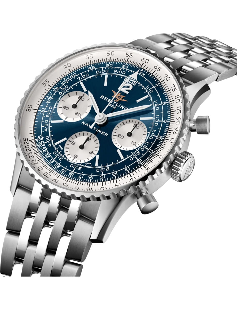 Side view of Breitling Navitimer wristwatch with stainless steel case and bracelet, and blue panda dial.