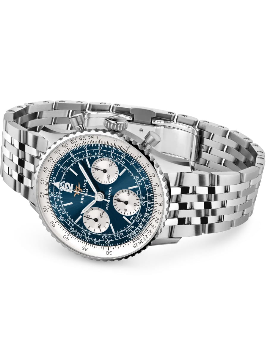 Side view of Breitling Navitimer wristwatch with stainless steel case and bracelet, and blue panda dial.