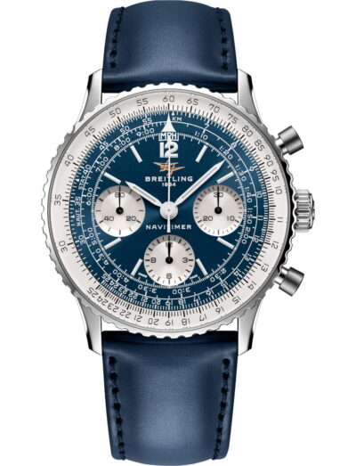 Breitling Navitimer wristwatch with stainless steel case, blue Santoni calfskin leather strap, and blue panda dial.