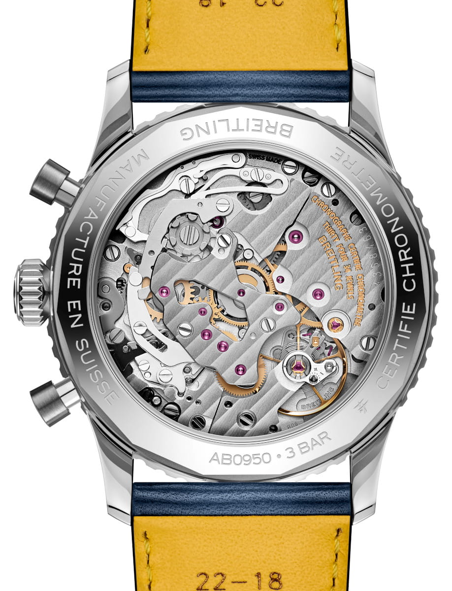 Back view of Breitling Navitimer wristwatch with stainless steel case, blue Santoni calfskin leather strap, and transparent case back.