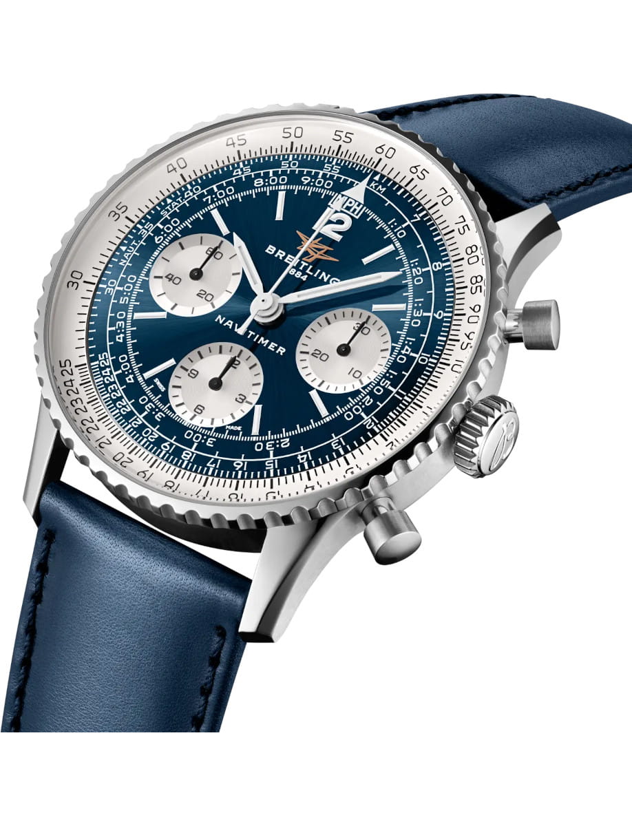 Side view of Breitling Navitimer wristwatch with stainless steel case, blue Santoni calfskin leather strap, and blue panda dial.