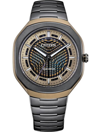Citizen Eco-Drive Photon wristwatch with super titanium case and bracelet, and black dial.