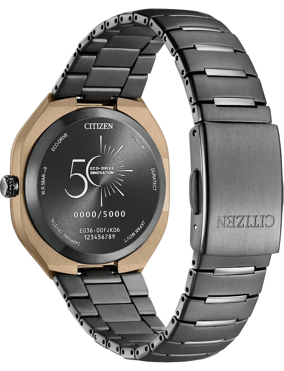 Back view of Citizen Eco-Drive Photon wristwatch with super titanium case and bracelet.