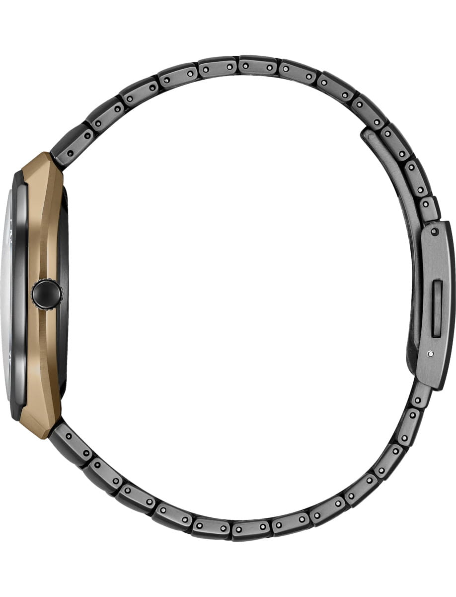 Side view of Citizen Eco-Drive Photon wristwatch with super titanium case and bracelet.