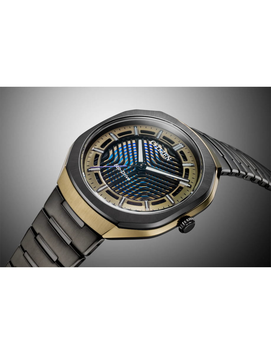 Side view of Citizen Eco-Drive Photon wristwatch with super titanium case and bracelet, and black dial.
