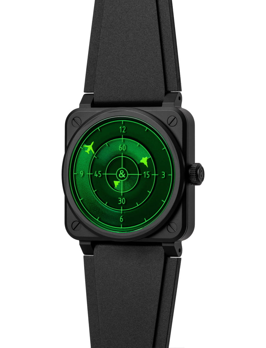 Side view of Bell&Ross wristwatch with black square case with a black dial with green and black strap.