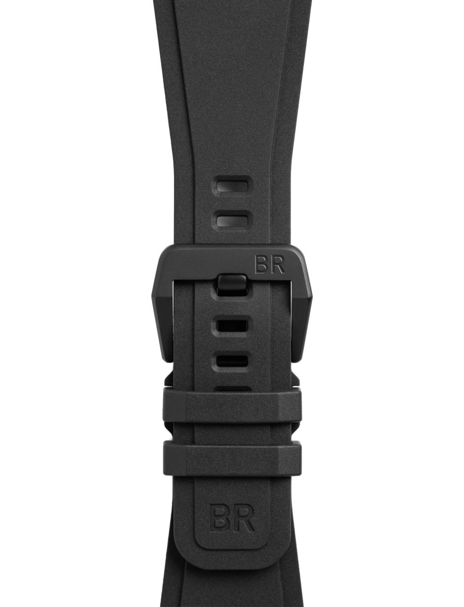Close-up of a black adjustable strap buckle with multiple adjustment holes and BR logo.