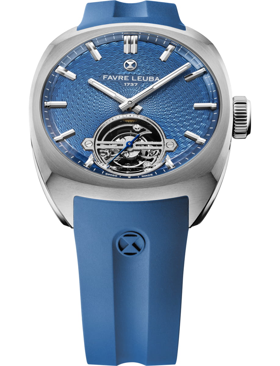 Blue dial wristwatch with silver case and blue strap; features a visible tourbillon at 6 o'clock and 'Favre Leuba' branding on the dial.