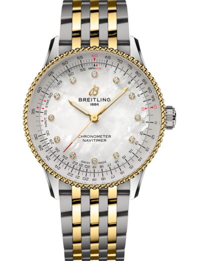 Breitling Navitimer Chronometer wristwatch with a 18k yellow gold and steel case and bracelet, mother-of-pearl dial, and diamond hour markers with gold hands.