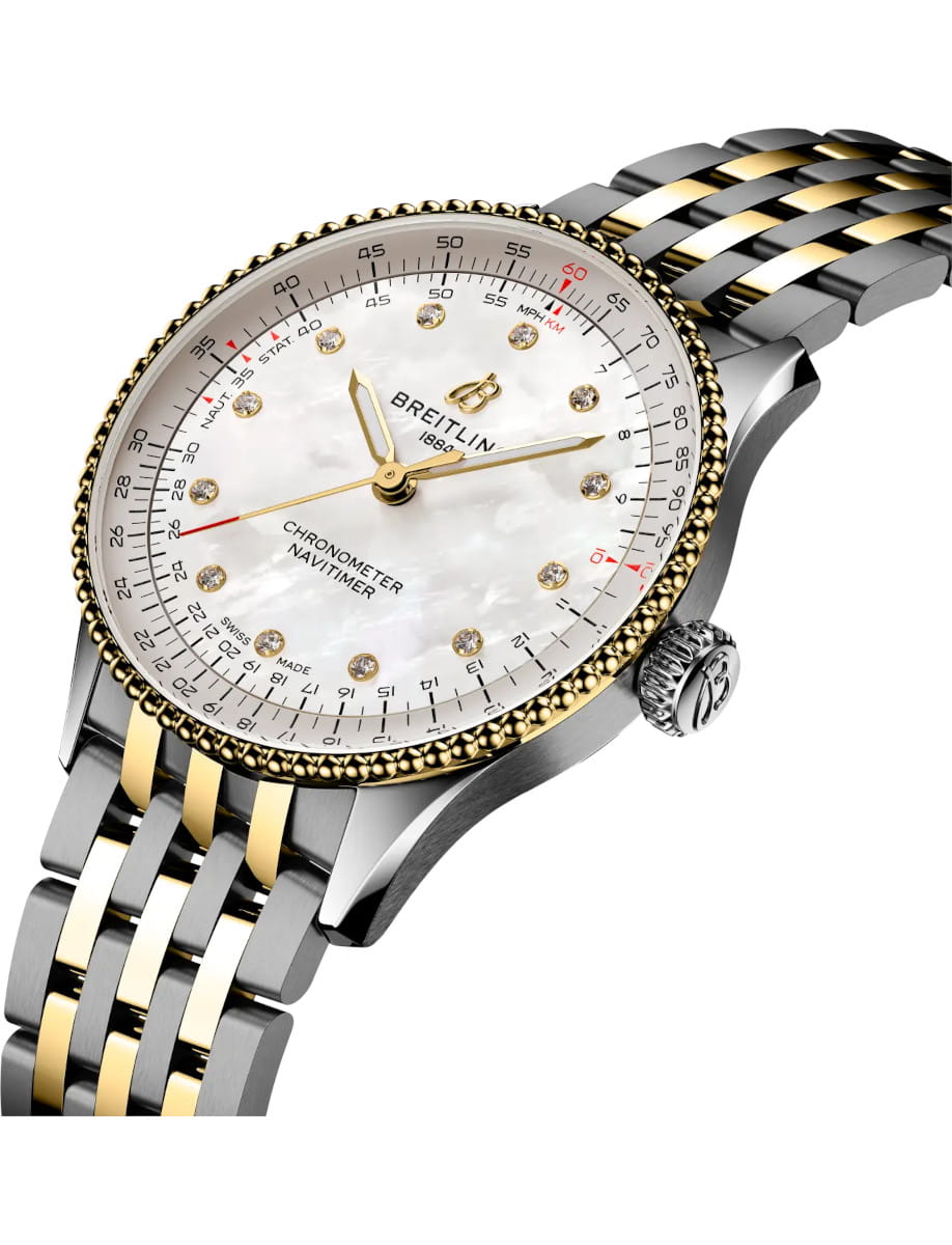 Side view of Breitling Navitimer Chronometer wristwatch with a 18k yellow gold and steel case and bracelet, mother-of-pearl dial, and diamond hour markers with gold hands.
