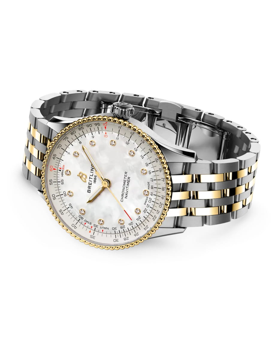 Side view of Breitling Navitimer Chronometer wristwatch with a 18k yellow gold and steel case and bracelet, mother-of-pearl dial, and diamond hour markers with gold hands.