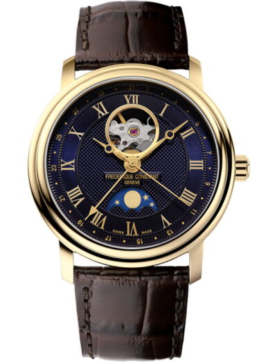 Frederique Constant wristwatch with stainless steel case, blue dial and brown leather strap | Feldmar Watch Co. Frederique Constant wristwatch with stainless steel case, blue dial and brown leather strap