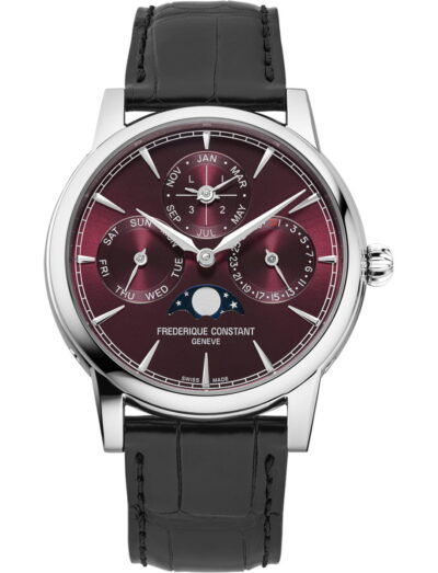 Frederique Constant wristwatch with stainless steel case, burgundy dial and alligator leather strap