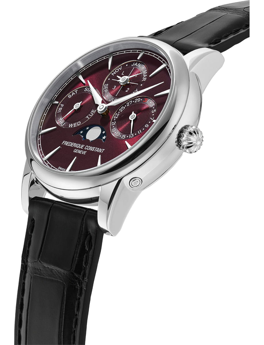 Frederique Constant wristwatch with burgundy dial, silver case, and black leather strap.