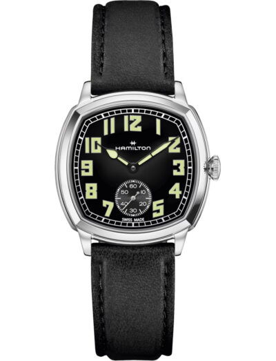Hamilton wristwatch with stainless steel case, black dial and black cow leather strap