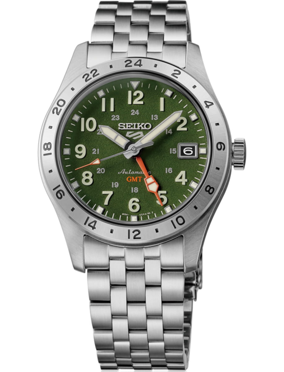 Seiko wristwatch with stainless steel case and bracelet, and green dial.