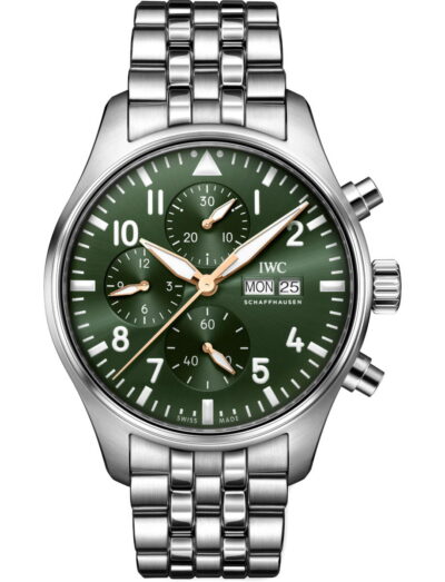 Stainless steel IWC pilot chronograph watch with a green dial, three subdials, and a metal bracelet displaying day and date.