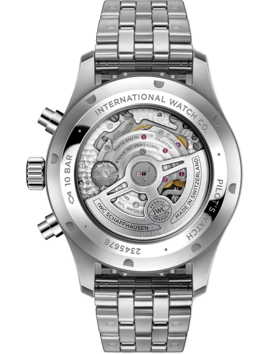 Back view of an IWC stainless steel wristwatch with a transparent case back, exposing the intricate automatic movement and rotor, branded IWC Schaffhausen.