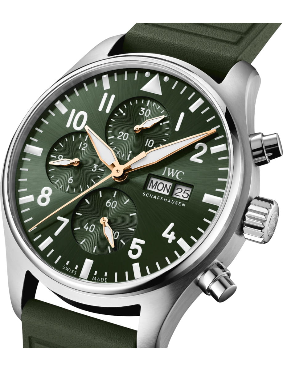 Green IWC chronograph wristwatch with a stainless steel case and green strap, featuring multiple subdials and a date window (Mon 25) on the dial.