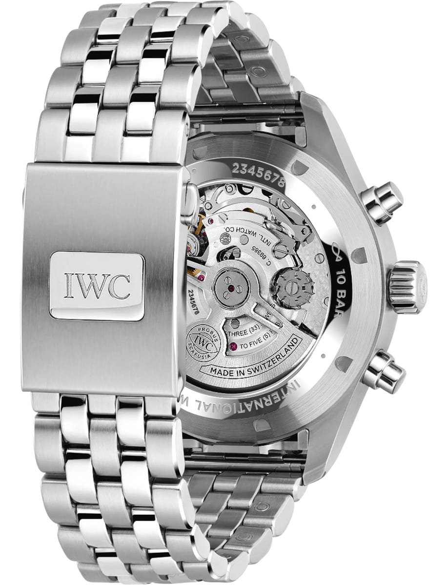 IWC stainless steel watch with an open case back revealing the automatic movement and rotor.