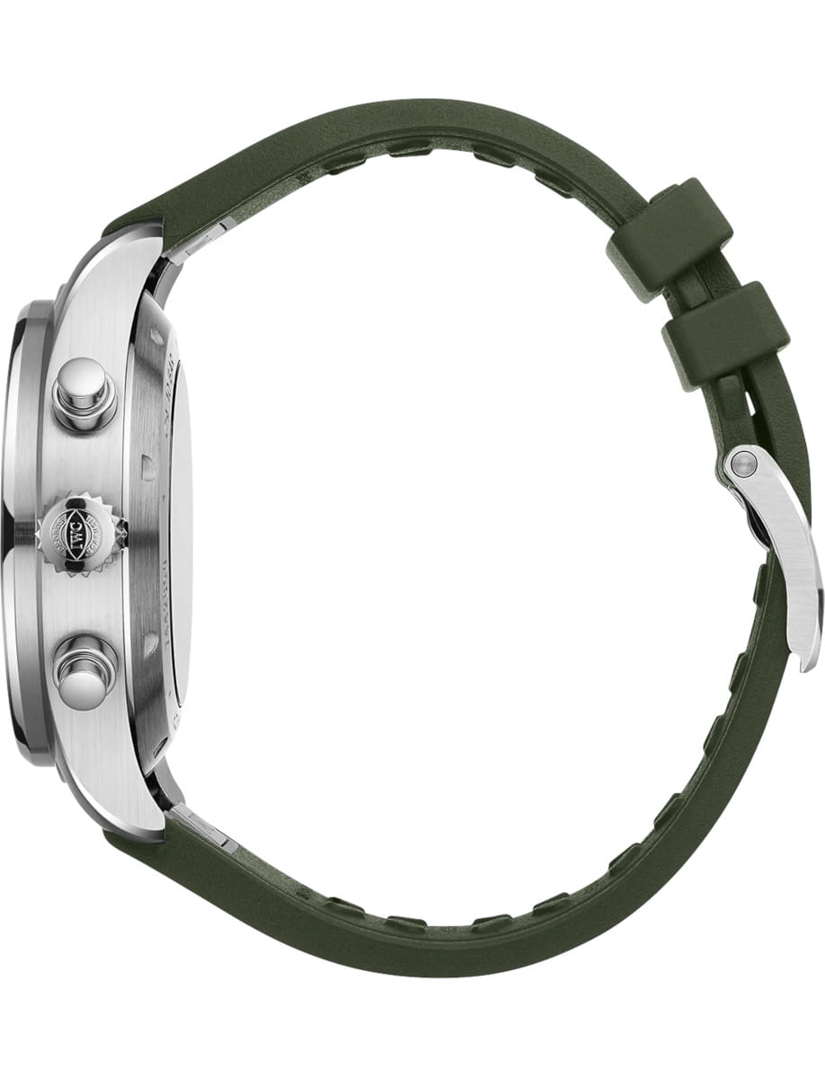 Side view of an IWC stainless steel wristwatch with a green rubber strap and crown visible