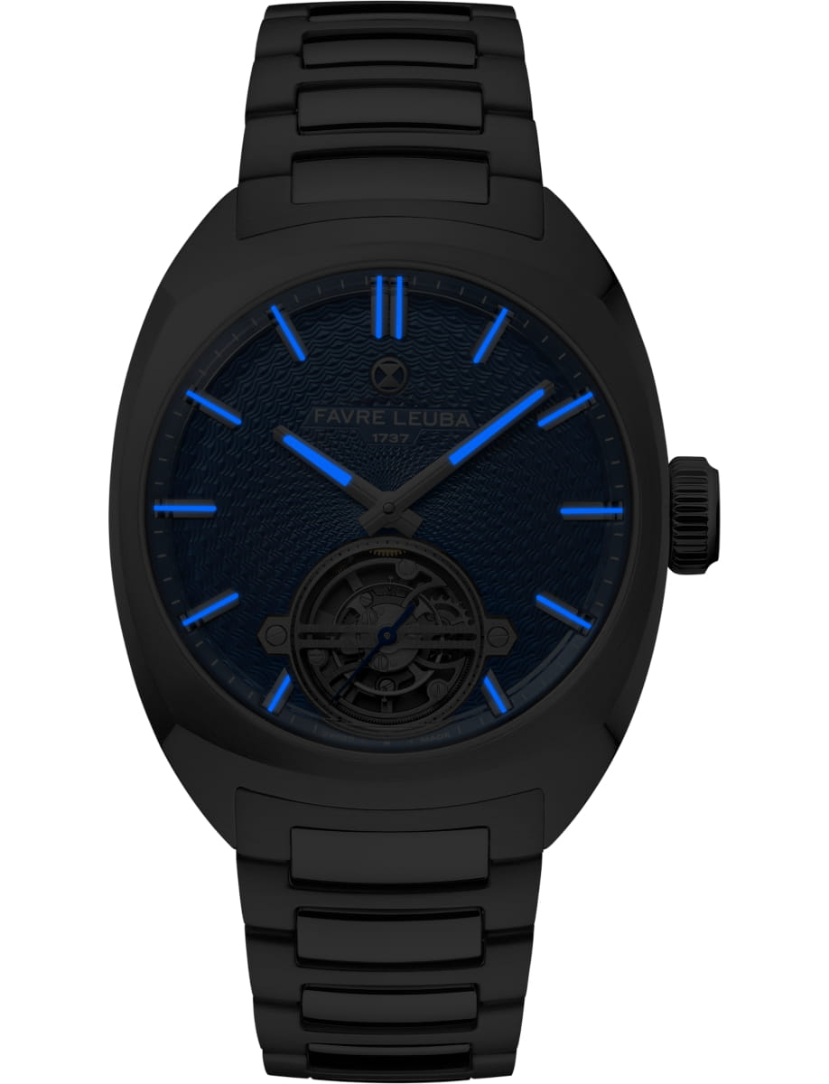 Black wristwatch with blue luminous hour markers and a visible mechanical tourbillon at 6 o'clock on a textured blue dial, metal bracelet included, side crown prominent.