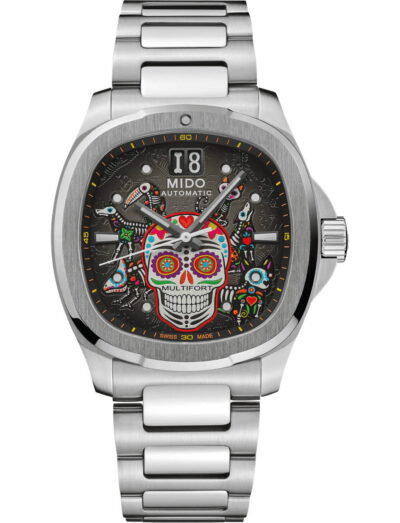 Mido wristwatch with stainless steel case and bracelet, and black gradient dial with colorful skull dial.