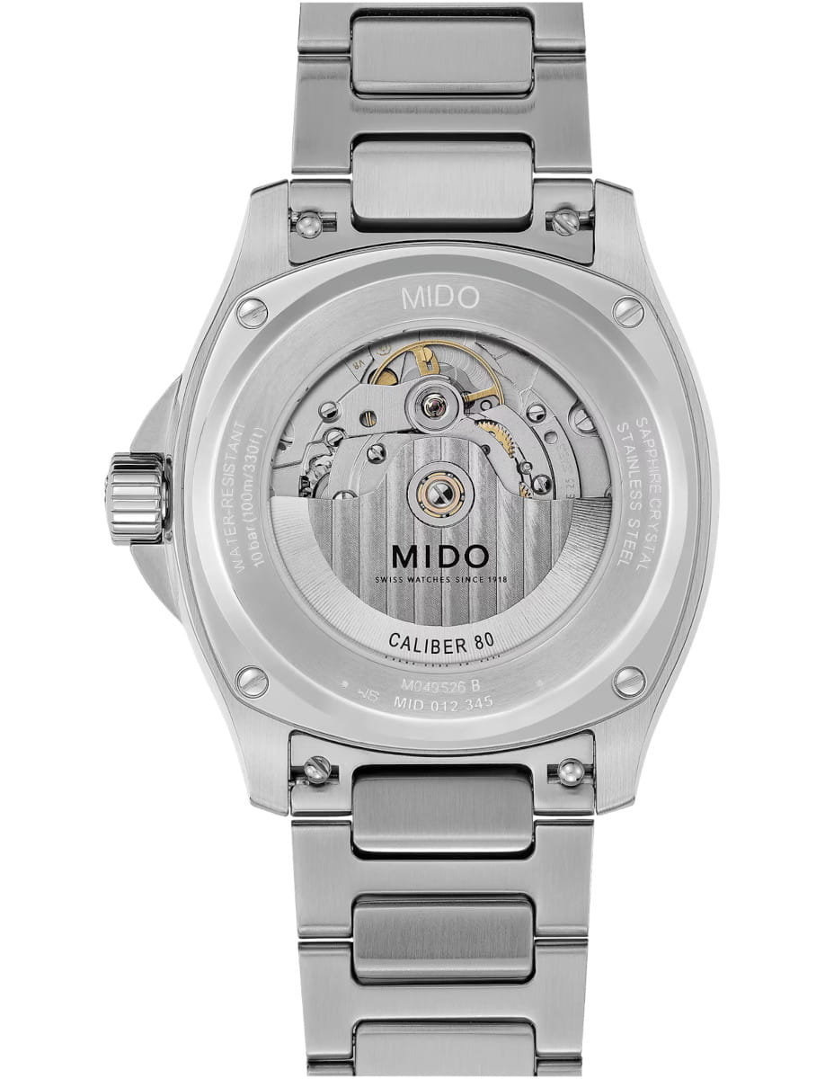 Back view of a stainless steel MIDO Caliber 80 automatic wristwatch with the movement visible through a transparent caseback