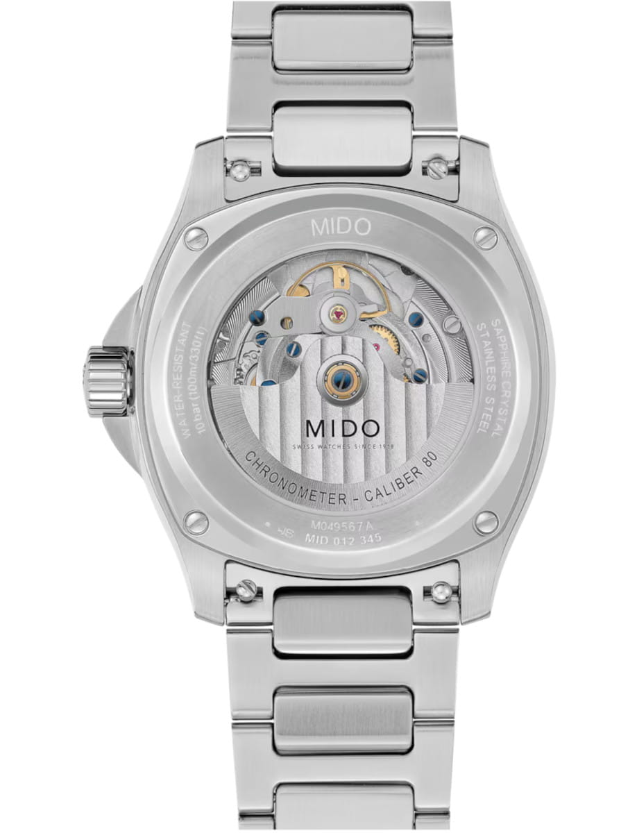 Stainless steel Mido watch back with an exhibition case showing the automatic movement and rotor.