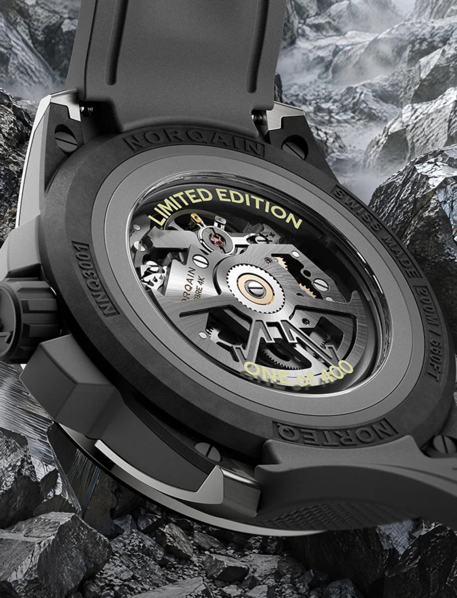 Close-up of a limited-edition skeleton watch back with visible gears and inscriptions 'LIMITED EDITION' and 'ONE OF 400'.