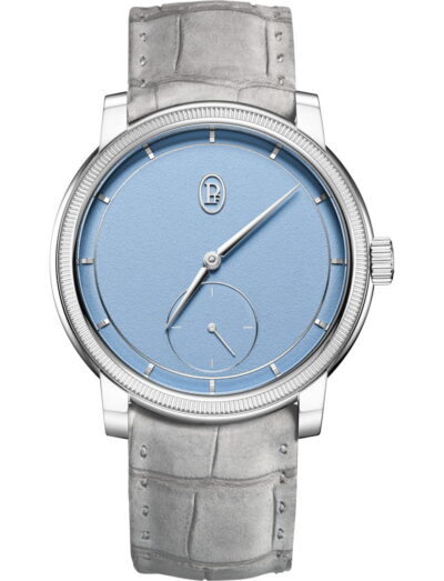 Parmigiani Fleurier wristwatch with 950 Platinum case, blue dial, and Akoya Grey hand-stitched nubuck alligator leather strap.