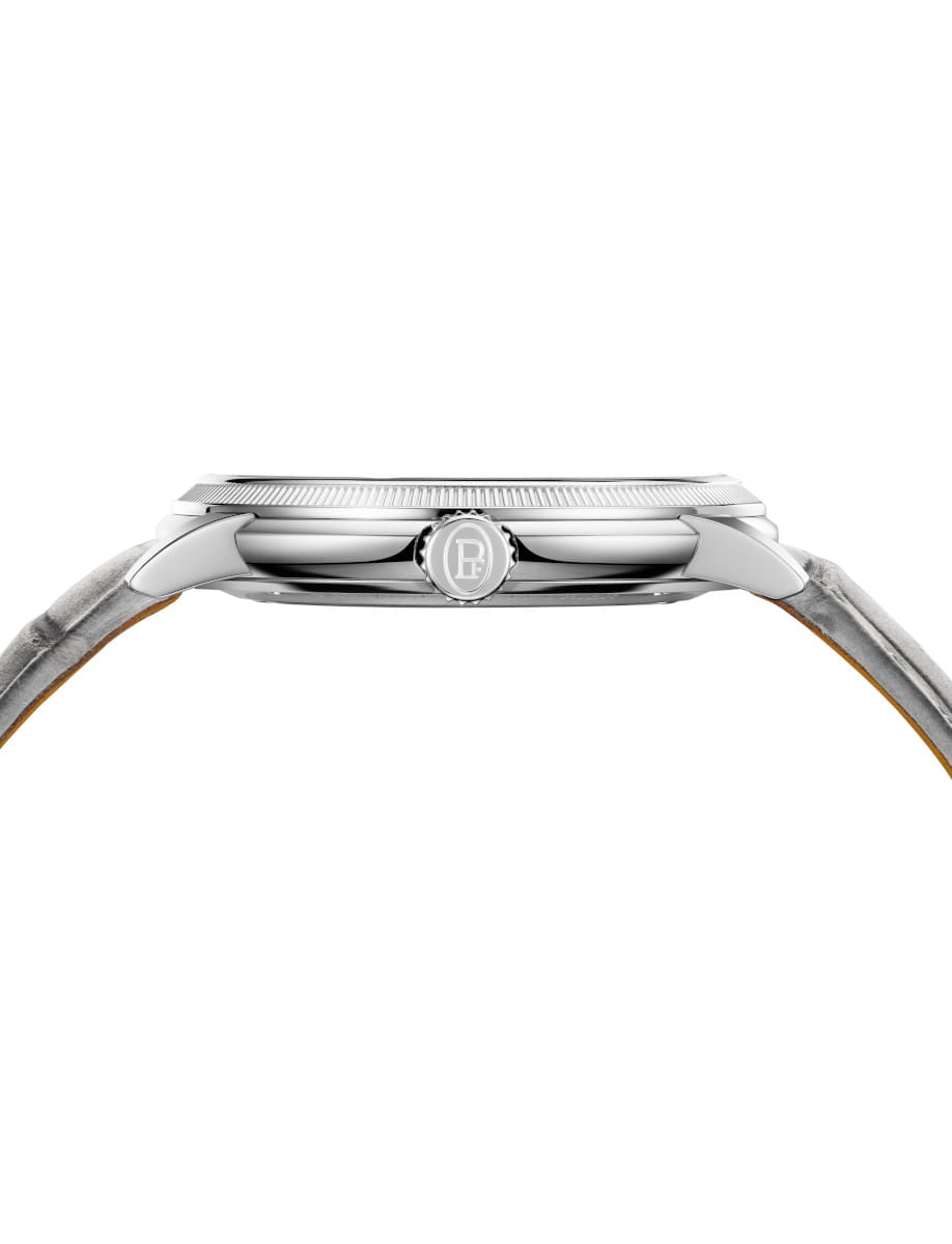 Side view of a Parmigiani Fleurier wristwatch with 950 Platinum case, and Akoya Grey hand-stitched nubuck alligator leather strap.