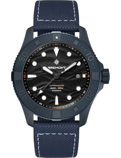 Blue Bremont Supermarine ceramic watch with a textured blue strap and dark blue bezel, black patterned dial and white hour markers
