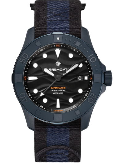 Bremont ceramic wristwatch with dark blue bezel, black dial, white hour markers, date window at 3 o'clock on a Nato strap