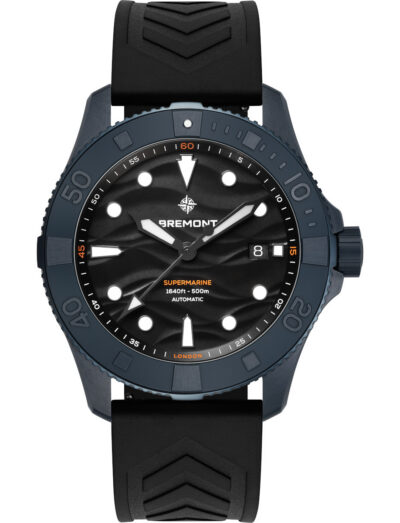 Blue ceramic Bremont Supermarine diver's watch with black dial, and date window at 3 o'clock on a black rubber strap.